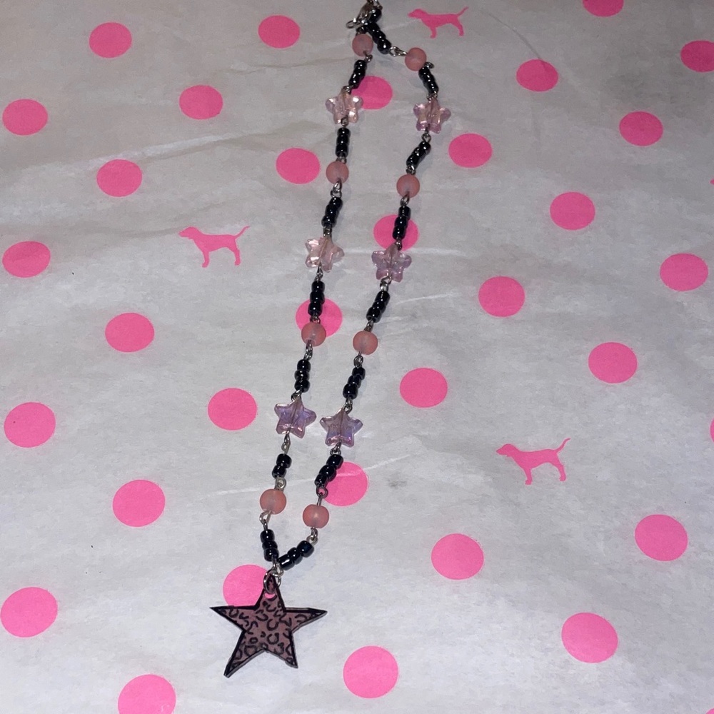 Star Pendant Beaded Necklace - Pink and Black